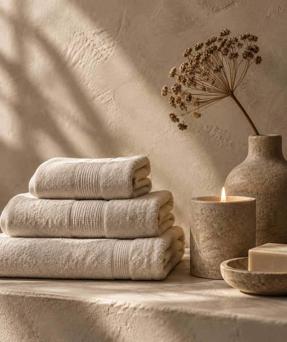 Folded linen, candle and dried botanicals in warm daylight