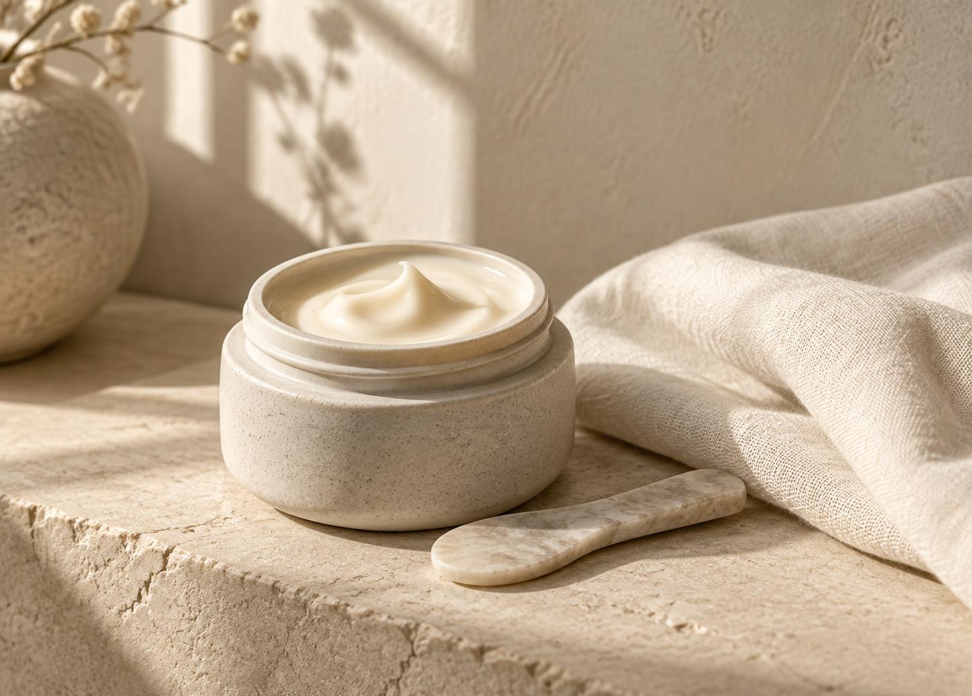 Cream moisturizer and linen on a warm stone ledge